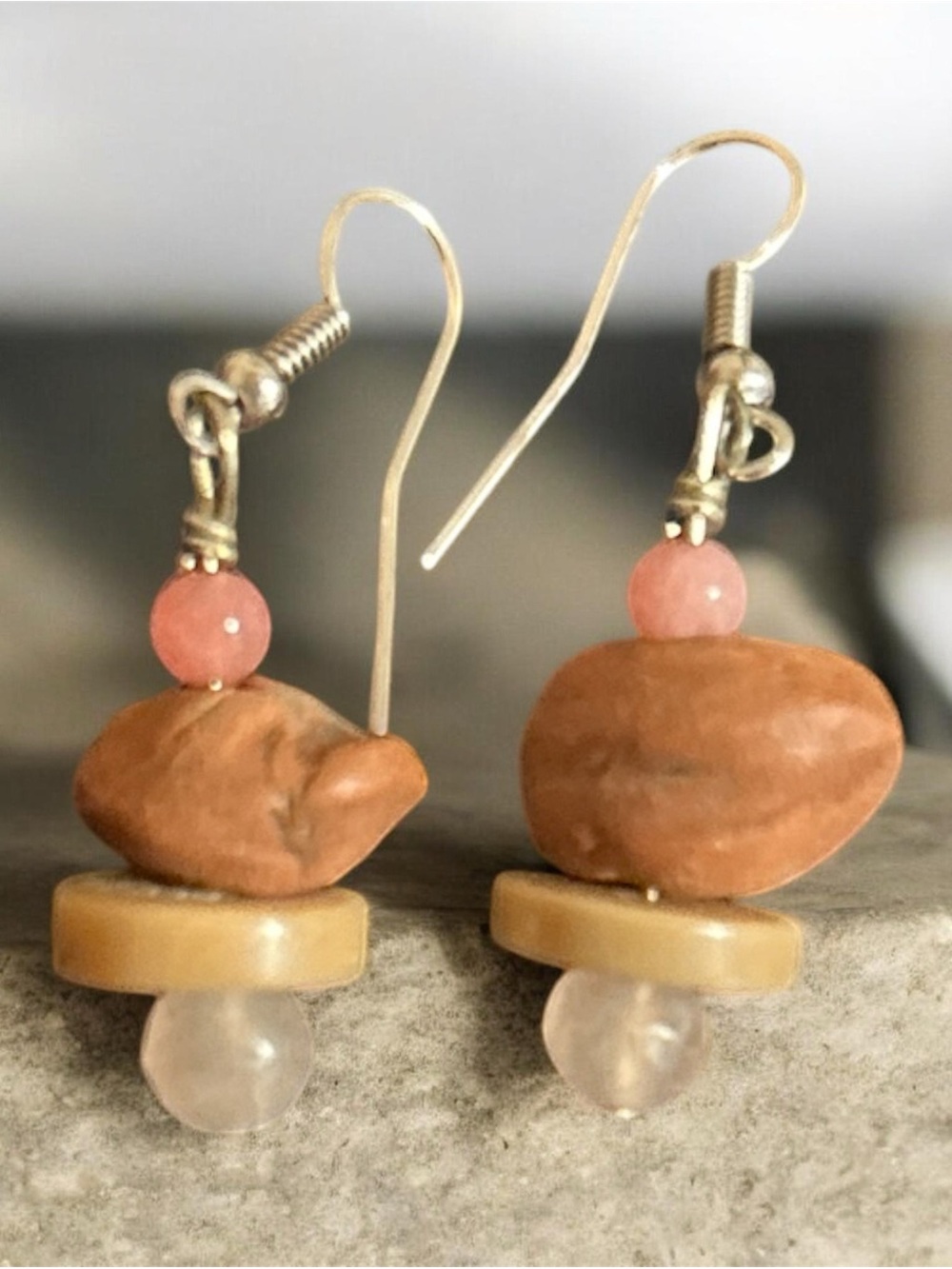 Handcrafted Brown and Pink Stone Drop Earrings